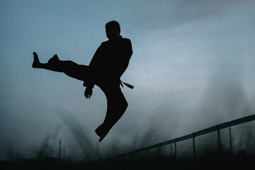 Fototapeta na wymiar silhouette of a male fighter with a sideways kick motion while jumping in the dark blue sky against background