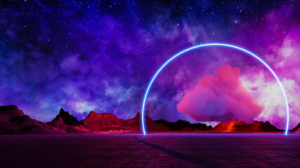 Sci fi virtual reality landscape cyberpunk style 3d render, Fantasy universe and space cloud background