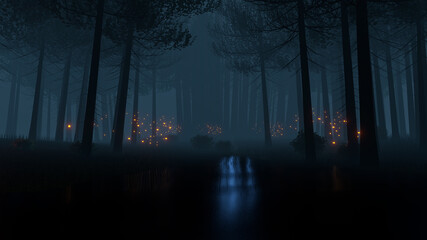 Forest landscape cyberpunk style 3d render, Fantasy universe and space cloud background