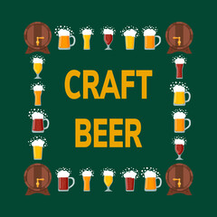 Craft beer concept with glasses and wooden barrels. Oktoberfest. Element for your design works. Vector illustration.
