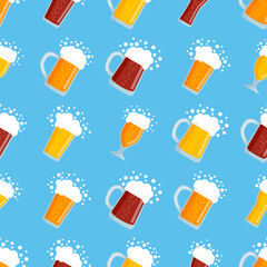 Beer color seamless pattern. Repeating different glasses of beer in flat style. Oktoberfest. Design for wallpapers, fabrics, gift wrapping papers, textiles, web design. Vector illustration.