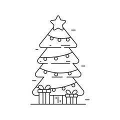 Christmas tree vector illustration in line art style isolated on white background. Line style Christmas tree icon 