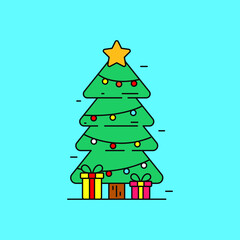 Simple Christmas tree concept vector illustration with cute design on blue background. Christmas tree linear color icon on 