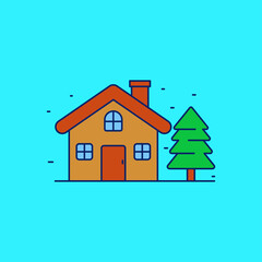 Fototapeta premium House with pine tree vector illustration on blue background. House linear color style icon 