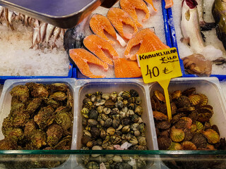 Raw fish and molluscs ready for sale in the market of Istanbul city, Turkey