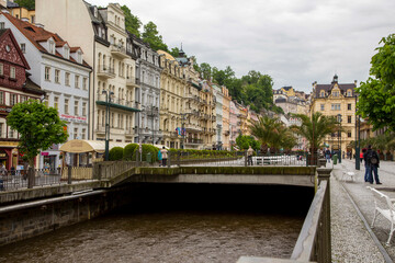 Naklejka premium View of the embankment and the Tepla river in Karlovy Vary in the Czech Republic