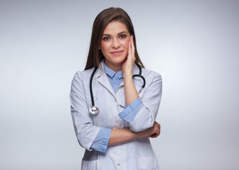 Woman doctor touching her face isolated portrait