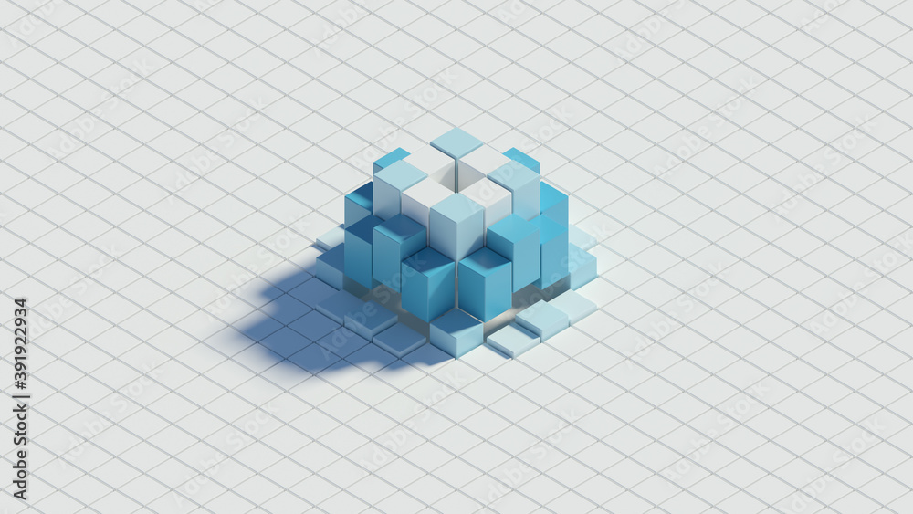 Poster 3d render of white background made of stack of cubes with central wave. technology simple concept.