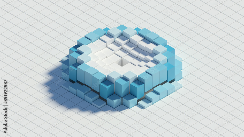 Poster 3d render of white background made of stack of cubes with central wave. technology simple concept.