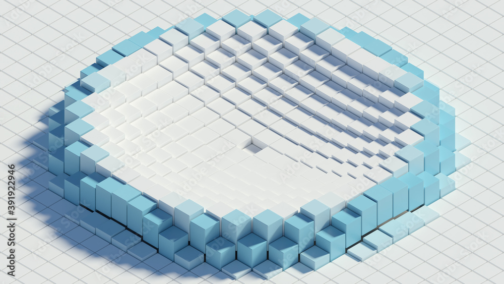 Poster 3d render of white background made of stack of cubes with central wave. technology simple concept.