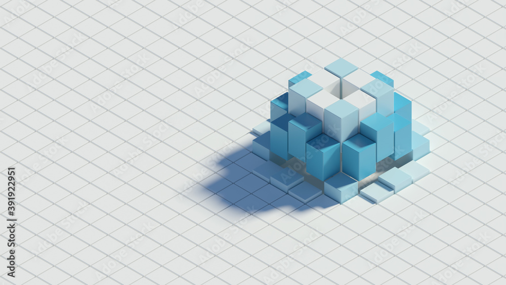 Poster 3d render of white background made of stack of cubes with central wave. technology simple concept.