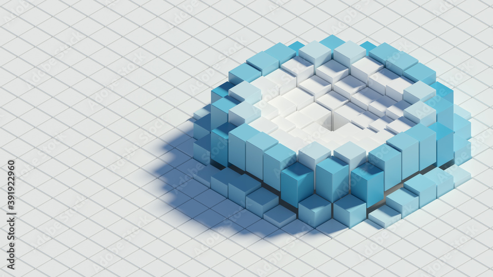Poster 3d render of white background made of stack of cubes with central wave. technology simple concept.