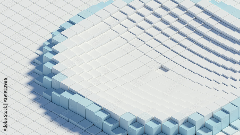 Poster 3d render of white background made of stack of cubes with central wave. technology simple concept.