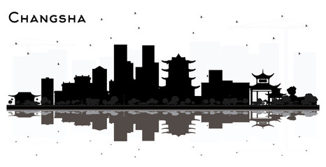 Changsha China City Skyline Silhouette with Black Buildings and Reflections Isolated on White.