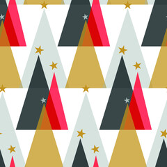 Seamless geometric pattern with the image of Christmas trees, balls and stars. Winter magic forest. Vector design for holiday web banner, business presentation, brand package, fabric, print, wallpaper