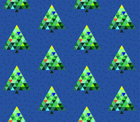 Seamless geometric pattern with the image of Christmas trees, balls and stars. Winter magic forest. Vector design for holiday web banner, business presentation, brand package, fabric, print, wallpaper
