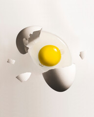 broken egg on a white background levitation - obrazy, fototapety, plakaty