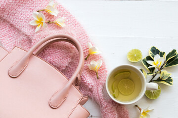 herbal honey lemon healthy drinks health care for sore throat with pink  knitting wool scarf of...