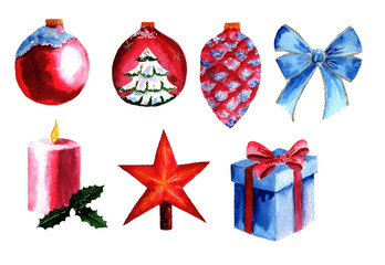 a set of Christmas elements. Christmas toys balls on the Christmas tree, bow, candle, star, gift box. watercolour. Bitmap illustration isolated on a white background