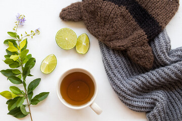 herbal honey lemon healthy drinks health care for sore throat with pink  knitting wool scarf of...
