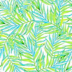 Fototapeta na wymiar coconut tree leaf seamless tropical pattern, summer print with watercolor leaves.