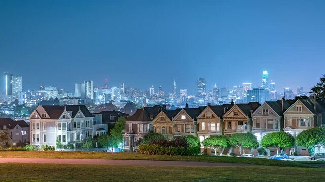 San Francisco Painted Ladies and Downtown Skyline at Alamo Square Night Time Lapse California USA