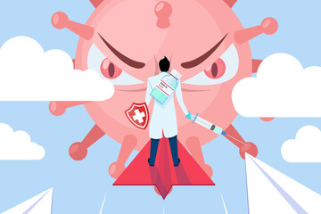 Vector illustration fight covid-19 corona virus, Doctor on paper plane to fight virus cell, Coronavirus, 2019-nCoV, covid-19, Last boss virus concept, Concept of fight against virus.
