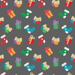 Seamless fabric with elements of the holiday Christmas on a gray background.