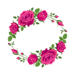 Wreath, garland of pink roses. Vector flower decoration for cards, wedding, greetings. Valentine's day, mother's day with rosebud. Hot pink, ruby red, wine roses with leaves for bouquet, frame, corner