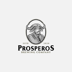 Bison Head With Tuxedo Vintage Hand Drawn Engraving Logo Design Illustration For Brewing Company