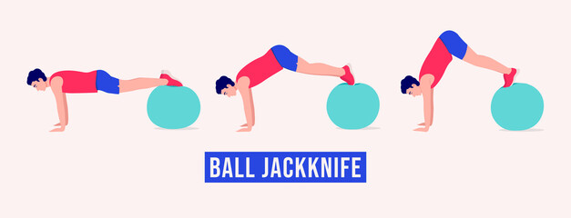 Ball Jackknife exercise, Men workout fitness, aerobic and exercises. Vector Illustration.