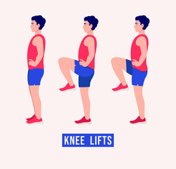 Knee Lifts exercise, Men workout fitness, aerobic and exercises. Vector Illustration.