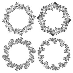 Patterned round frames for design in floral vintage style. Circular wreaths set.