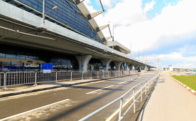 Naklejka premium isolation mode in Moscow, Covid pandemic and night view of the empty terminal of the International Airport.