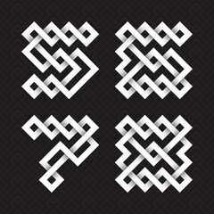 Font of interwoven strips. Five, six, seven, eight white relief figures on a black patterned background.