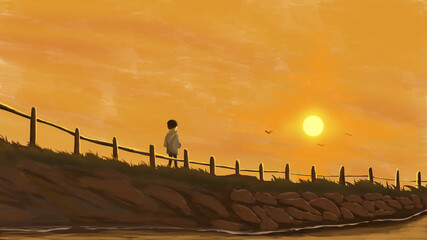 Little boy walking outdoors in the sunset, illustration background, illustration rendering