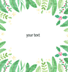 Frame Christmas holly leaves, spruce branches and red berries watercolor. Merry Christmas and happy New Year. Winter Christmas background. Christmas  greeting card.