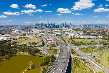 Fototapeta premium Aerial video of highway connected to Melbourne CBD in Australia