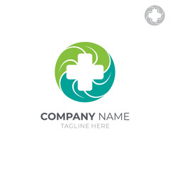 Medical cross leaf logo concept, circle emblem style, green color, suitable for hospital, healthy, clinical, herbal product label, wellness, etc