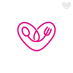 Love food logo, heart shape with spoon and fork, simple minimalist line art logo style