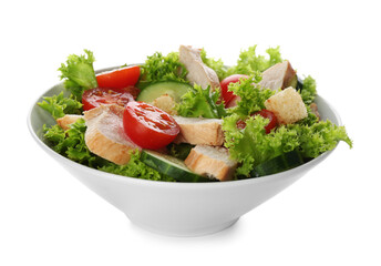 Delicious salad with chicken and vegetables in bowl isolated on white