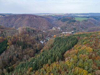 Aerial view Beautiful green, orange and red autumn forest, many trees different colors germany rhineland palantino