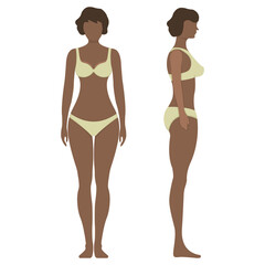 Black female anatomy human character, people dummy front and view side body silhouette, isolated on white, flat vector illustration.