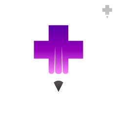 Obraz premium Creativity clinic logo concept, pencil combination medical cross, simple flat gradient purple color logo style