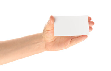 Fototapeta premium Woman holding gift card on white background, closeup