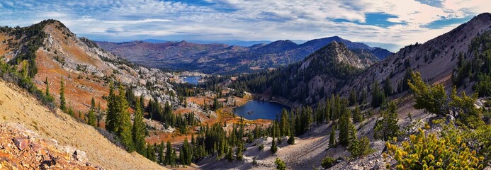 Lake Mary Marth Catherine panorama views from hiking trail to Sunset Peak on the Great Western...