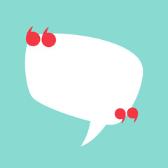 white chat speech bubble with red quote marks isolated on powder blue background.