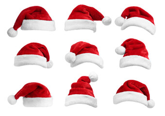 Set of red Santa hats on white background
