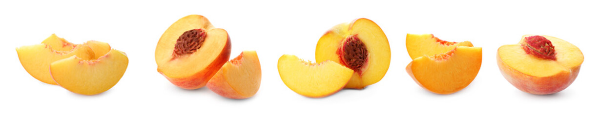 Set of cut ripe peaches on white background, banner design