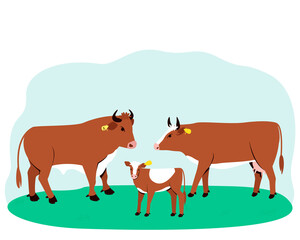 A bull, cow and a calf stand on the grass. Symbol of 2021.
Big horned cattle. In the summertime, pets are walked in a field with lush grass. Flat vector illustration.
